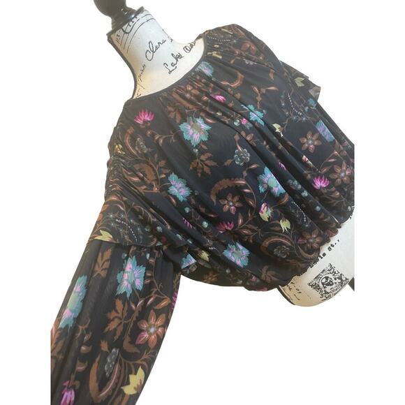 FREE PEOPLE BLOUSON WILDFLOWER HONEY SZ XS RUCHING RUFFLING SLEEVES AESTHETIC - Picture 10 of 16